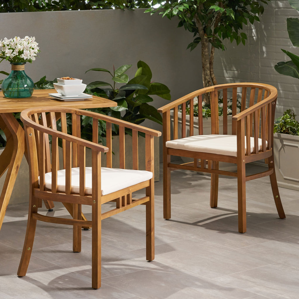Venerable Outdoor Dining Chair with Slatted Back and Cushion Seat, Set of 2