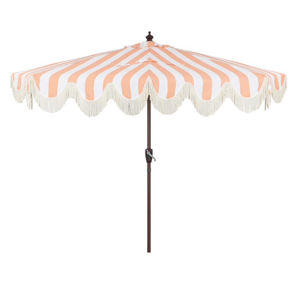 Beverly Stripe Designer Classic Scalloped Fringe Half Market Patio Umbrella with Crank
