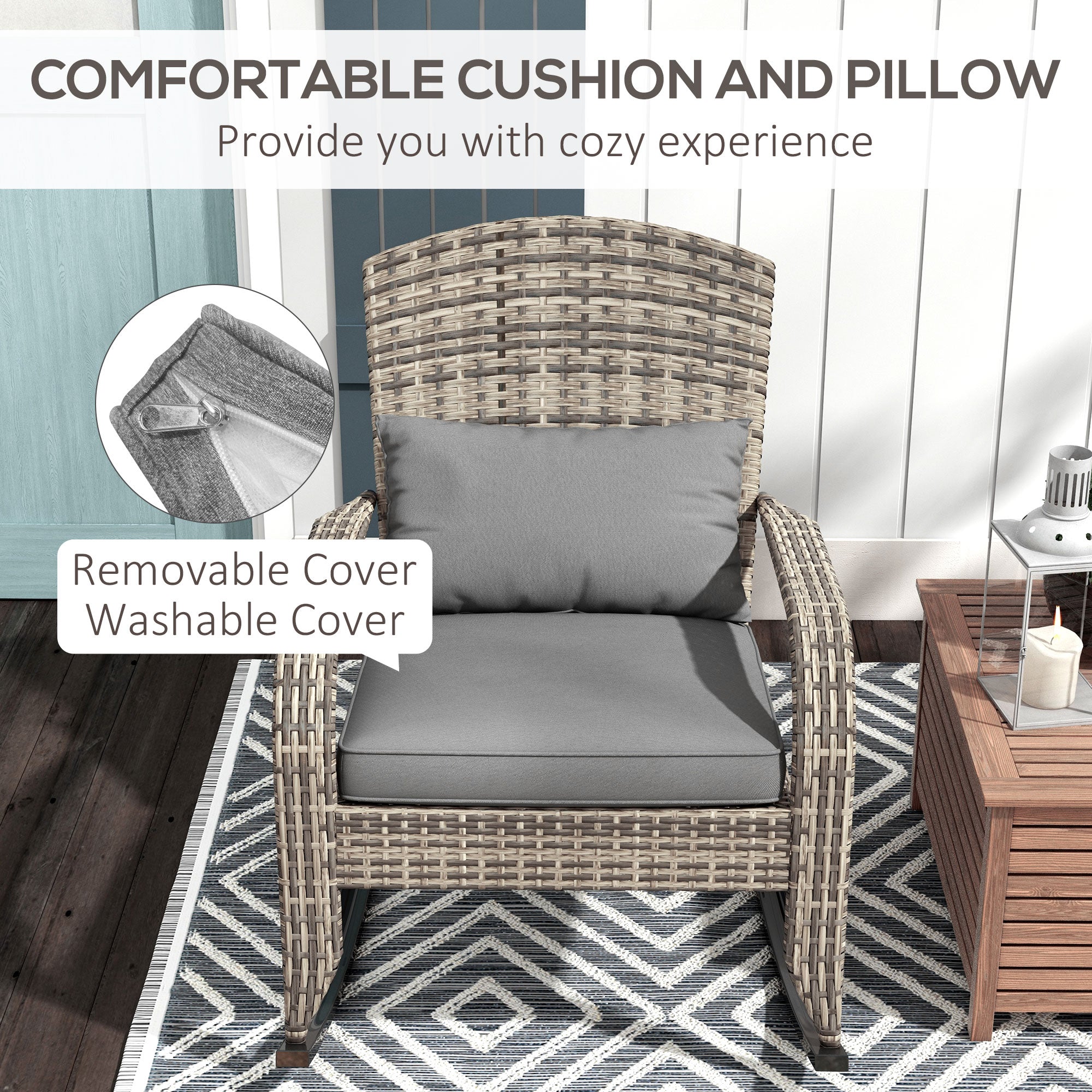 Outdoor Wicker Adirondack Rocking Chair with High Back & Seat Cushion