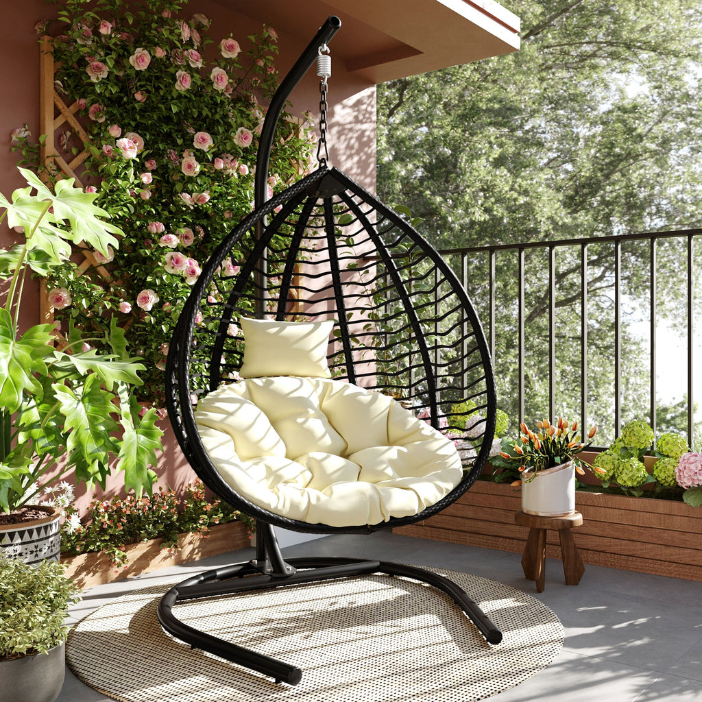 Foldable Rattan Egg Swing Chair with Iron Frame, Plush Cushion & Removable Headrest