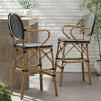 Valorous Outdoor Wicker Bar Stool with Round Back and Curved Arms, Set of 2
