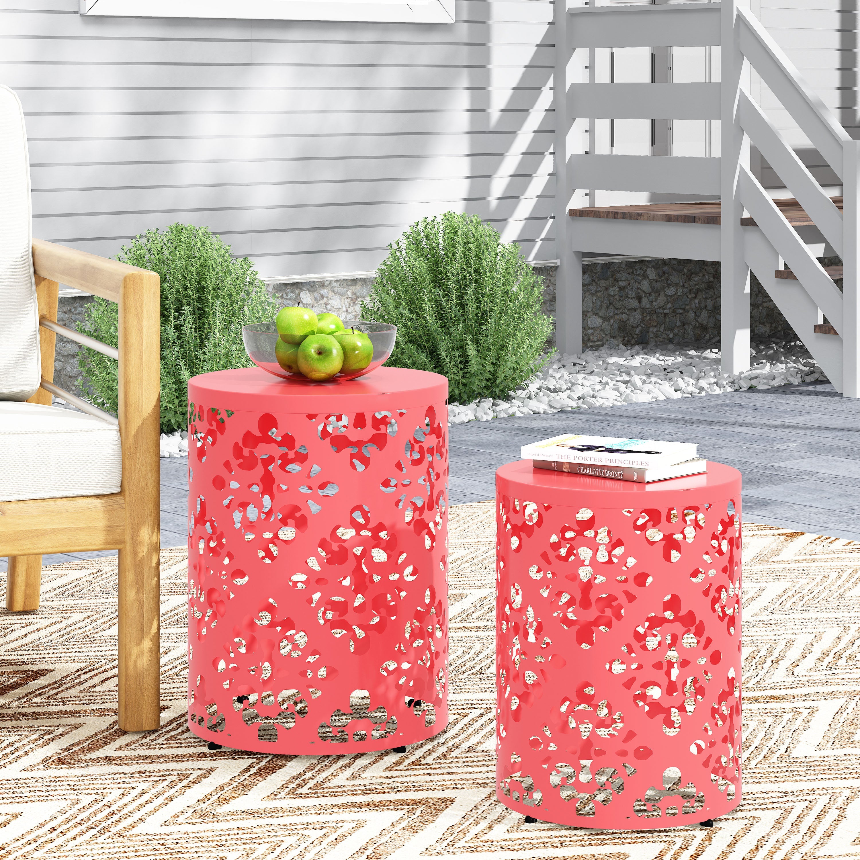 Refinery 2-Piece Outdoor End Table Set with Floral Patten and Iron Cut Design