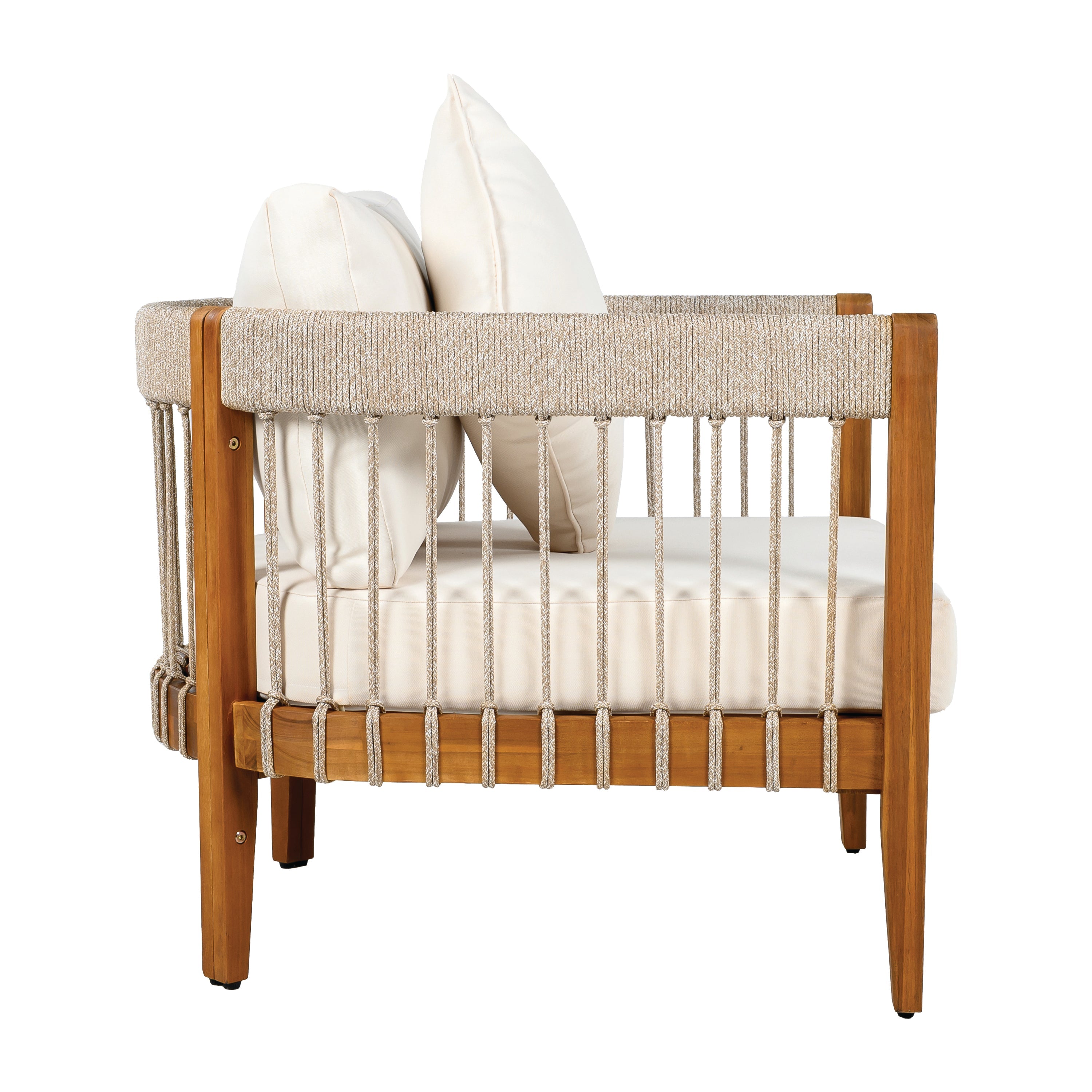 Azari Outdoor Acacia Wood Club Chair with Handwoven Rope Accents & Curved Backrest