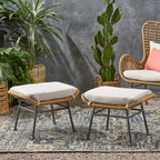 Cordella Outdoor Modern Boho Wicker Ottoman with Cushions, Set of 2