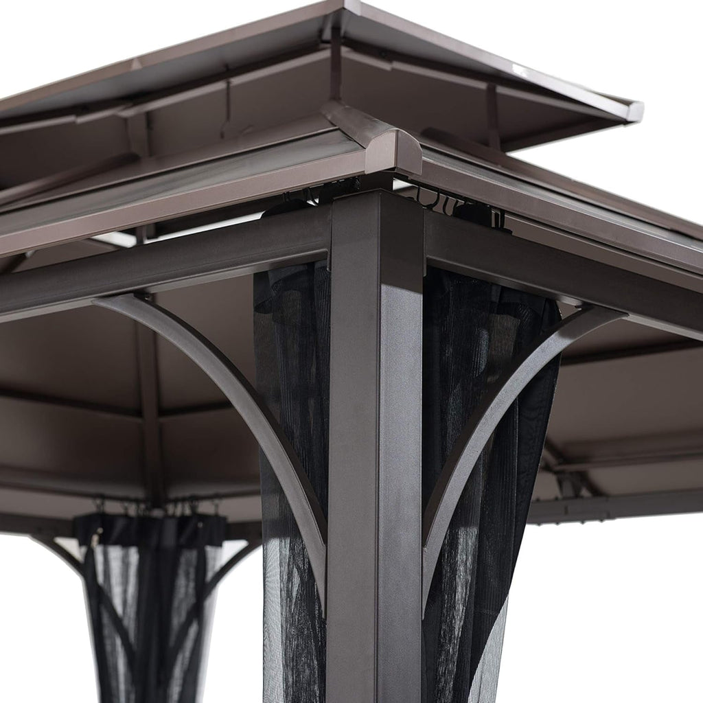 10x12 Brown Hardtop Gazebo With Steel Frame And Netting For Outdoor