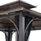 10x12 Brown Hardtop Gazebo With Steel Frame And Netting For Outdoor