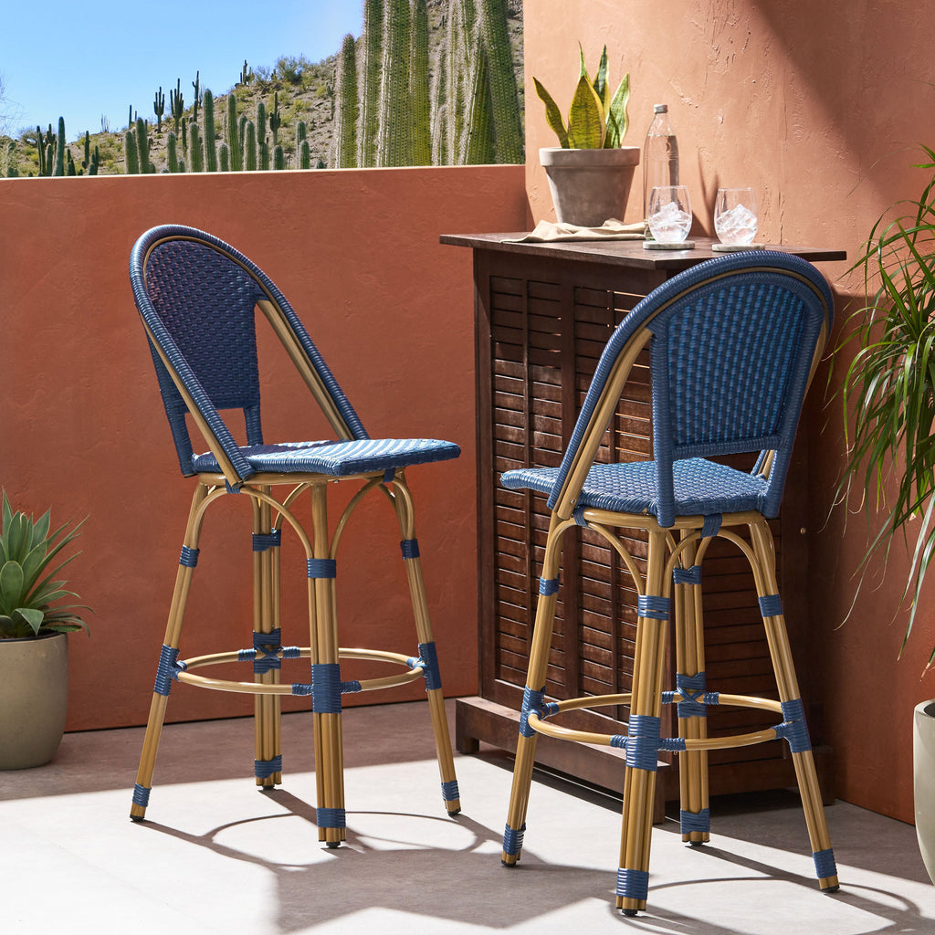 Callisto 29.5" Outdoor Rattan and Aluminum Bar Stool with Curved Back and Footrest