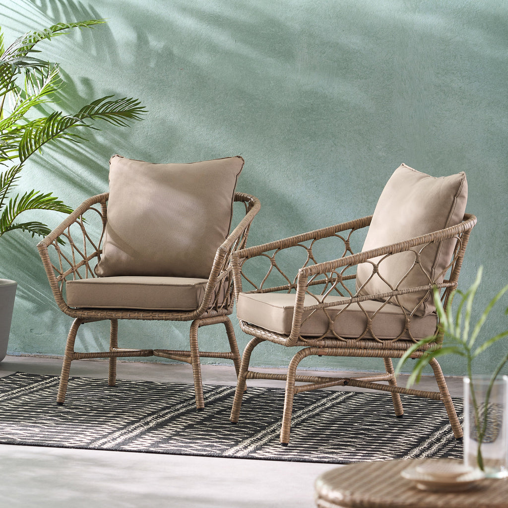 Zircon Outdoor Club Chair with Woven Wicker Weave Design and Back Cushion, Set of 2