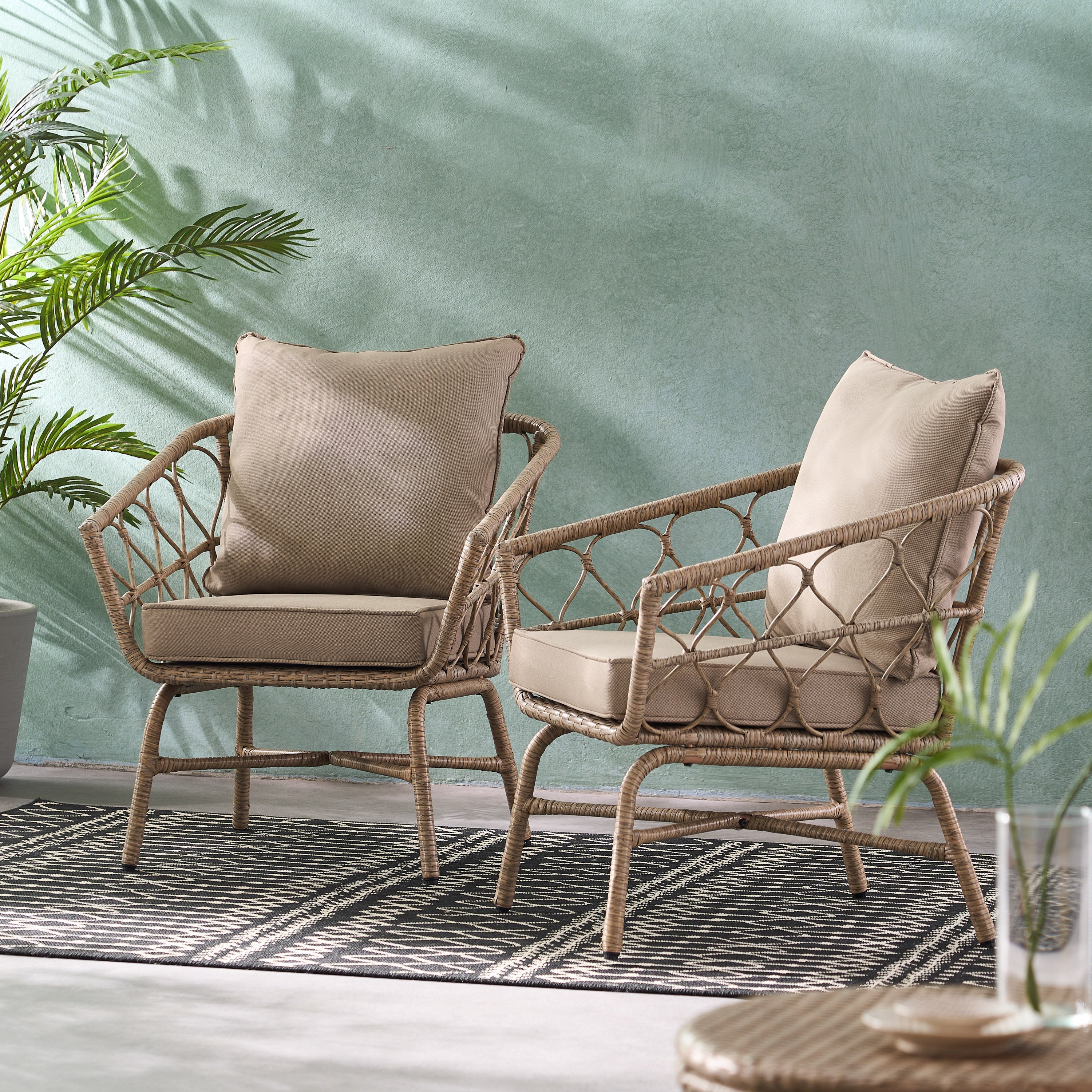 Zircon Outdoor Club Chair with Woven Wicker Weave Design and Back Cushion, Set of 2