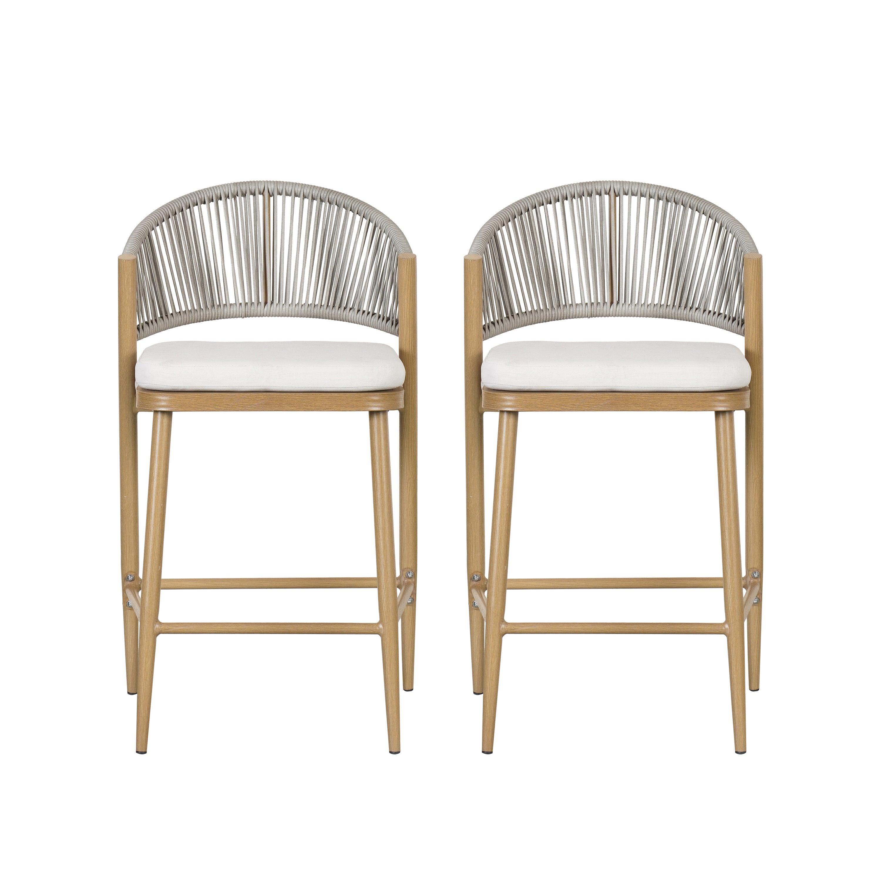 Outdoor Metal Frame Stools with Scallop-Shaped Backrest & Water-Resistant Cushions, Set of 2