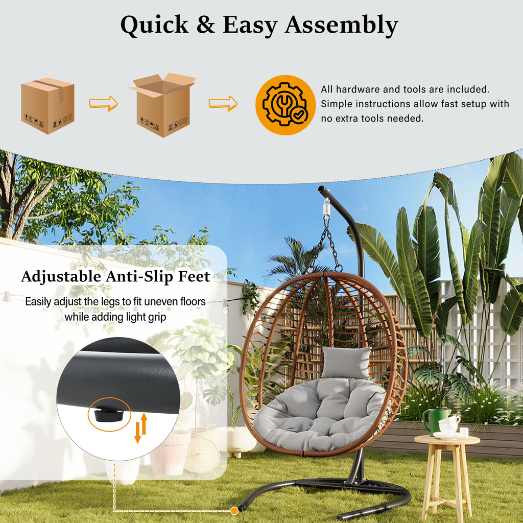 Folding Hanging Swinging Egg Chair with Stand & Tufted Cushion