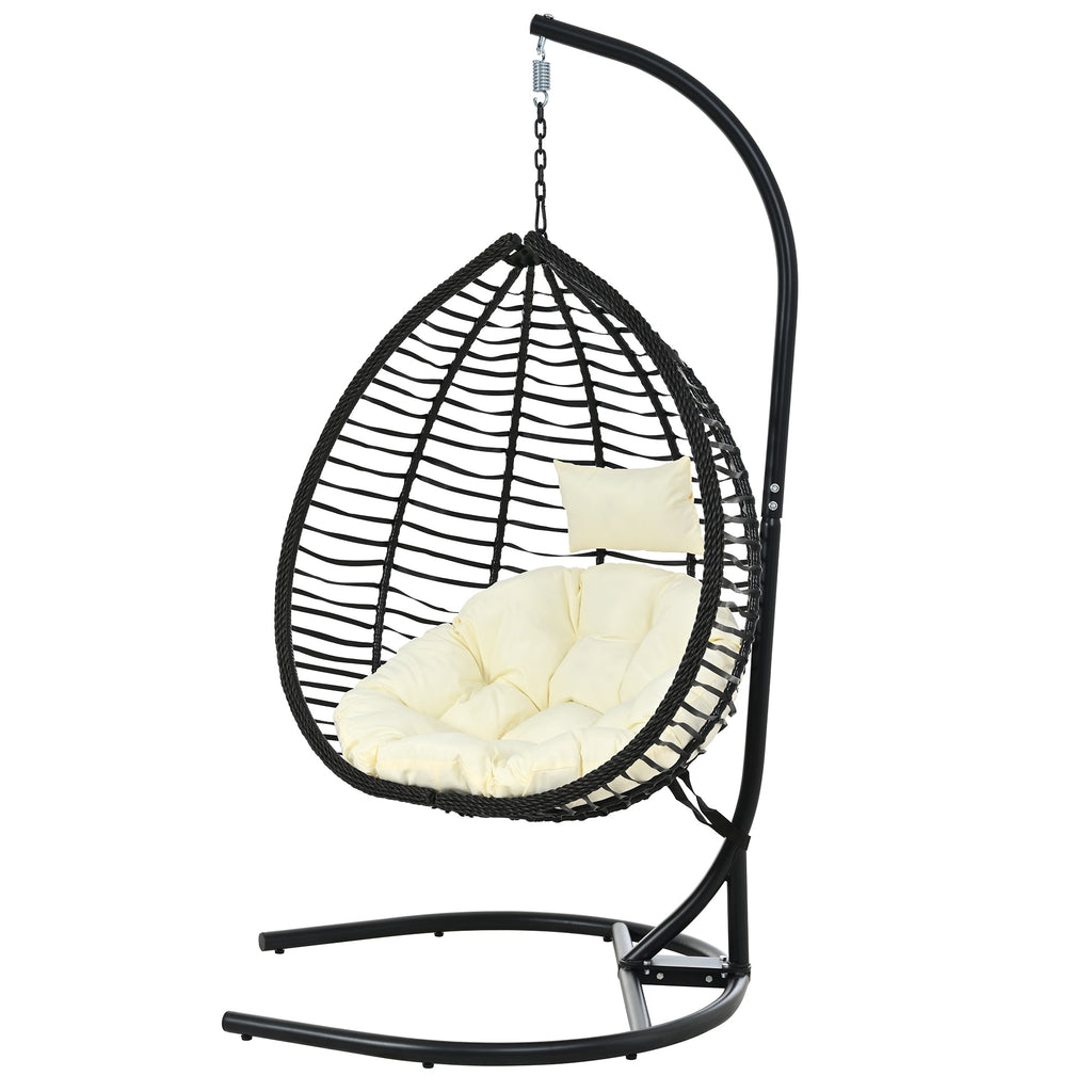 Foldable Rattan Egg Swing Chair with Iron Frame, Plush Cushion & Removable Headrest