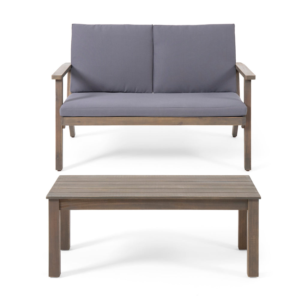 Brixton Outdoor Acacia Wood Loveseat and Coffee Table Set with Cushions