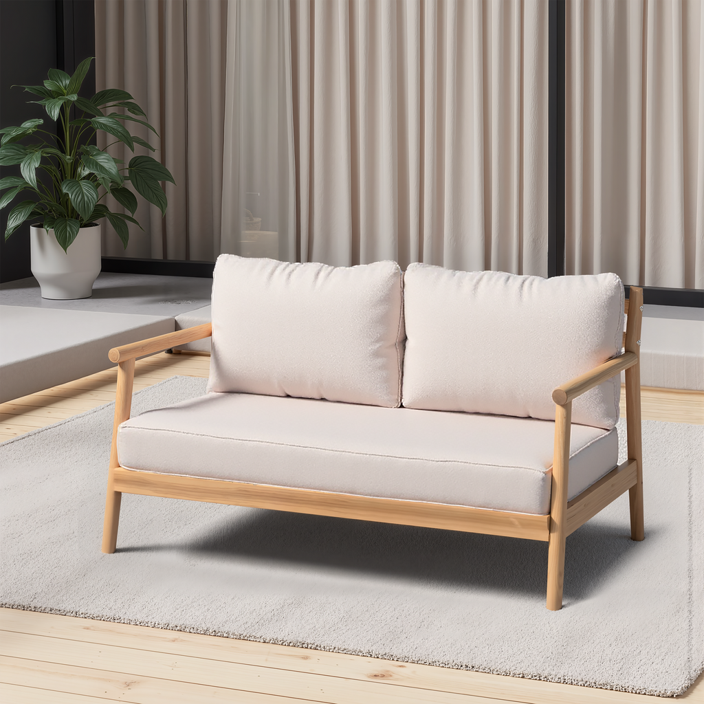Indira Outdoor Acacia Wood Loveset Sofa with Water-Resistant Cushion