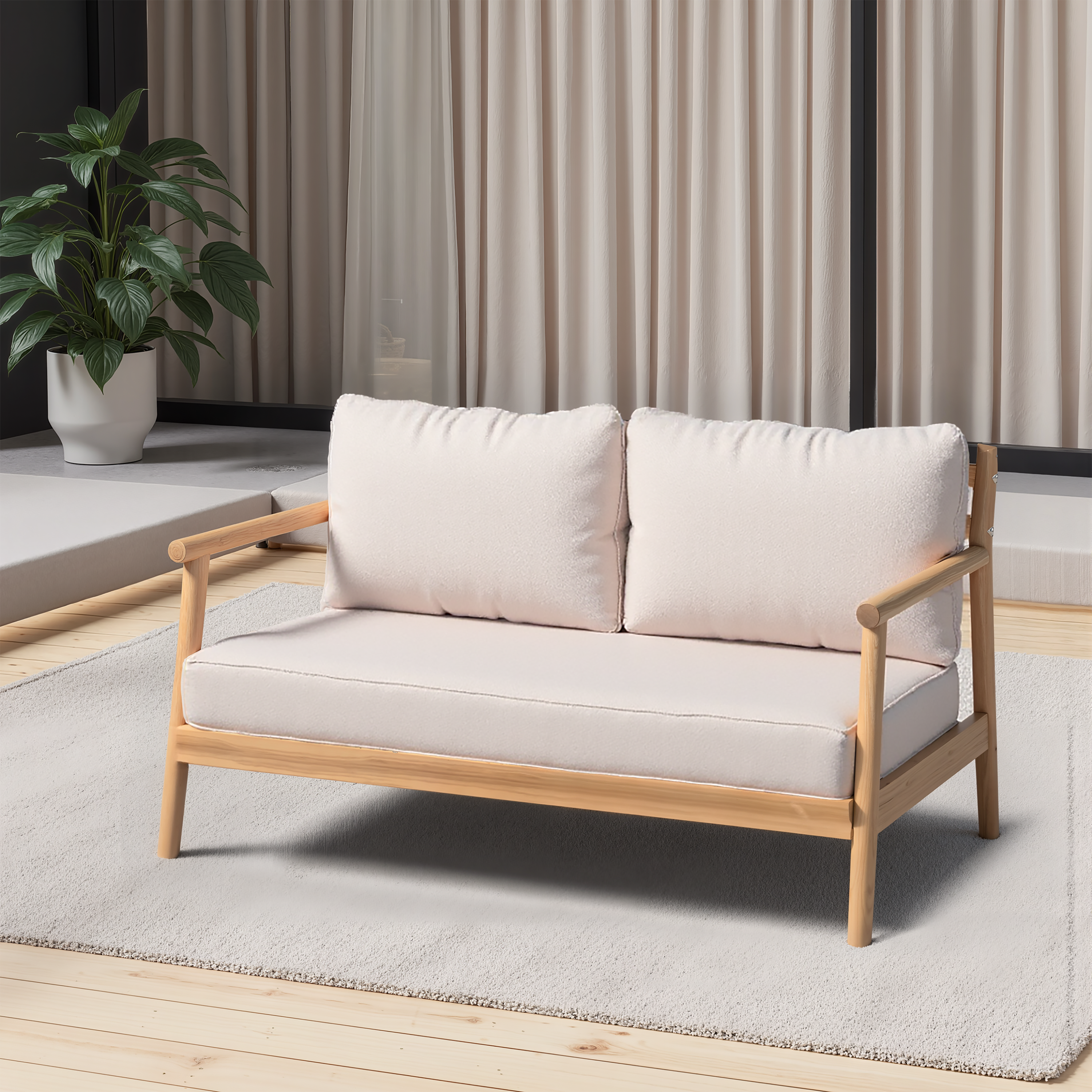 Indira Outdoor Acacia Wood Loveset Sofa with Water-Resistant Cushion