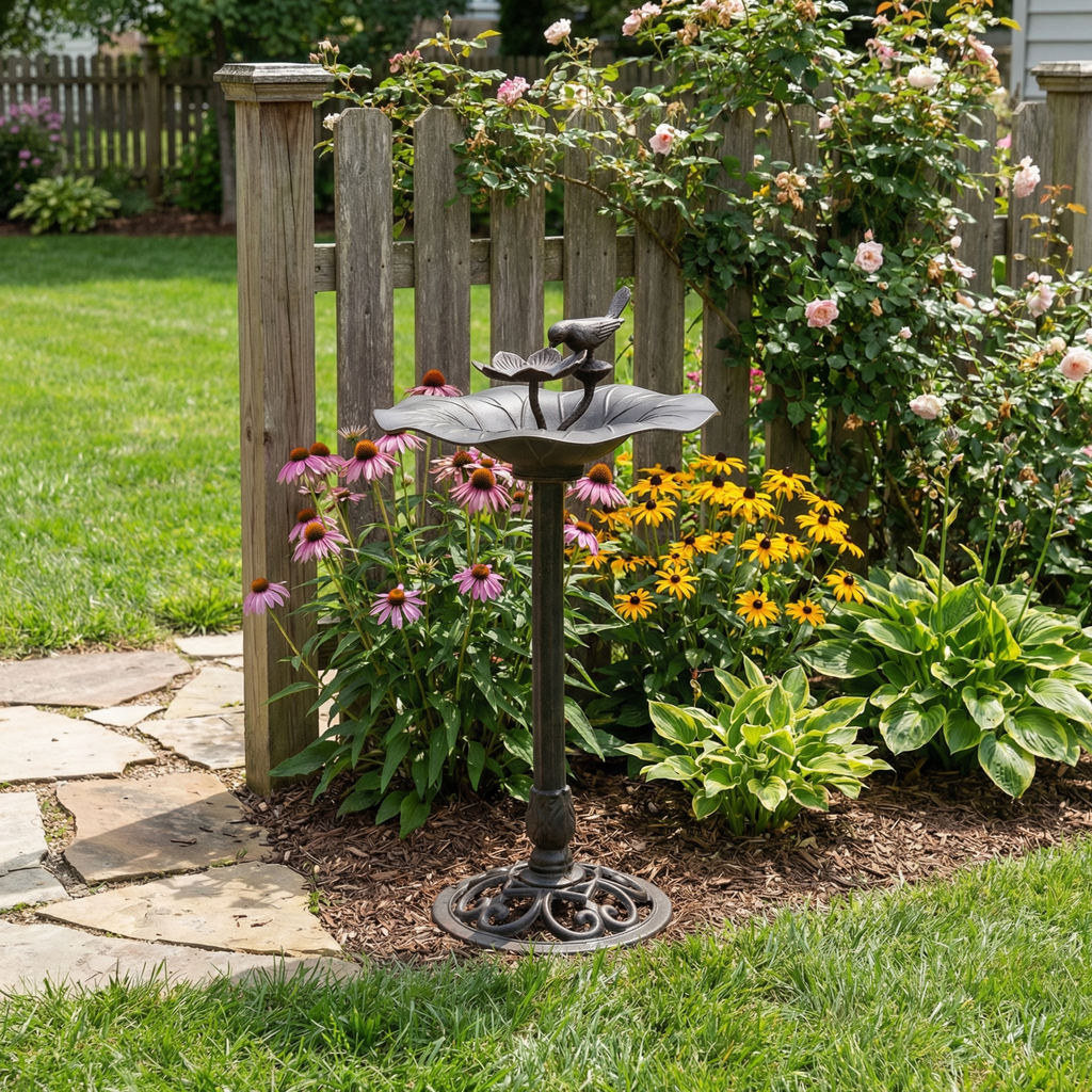 Ruffle Outdoor Aluminum and Iron Bird Bath