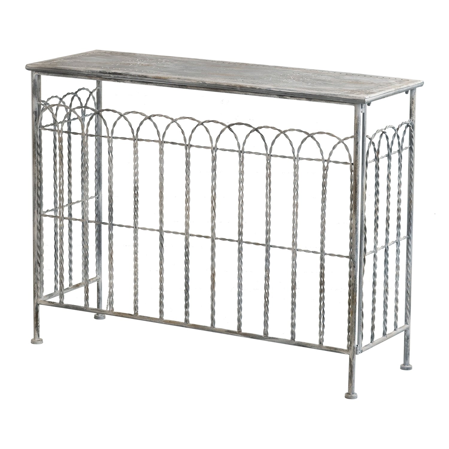 Distressed Silver Finish Iron French Country Arched Fence Console Table