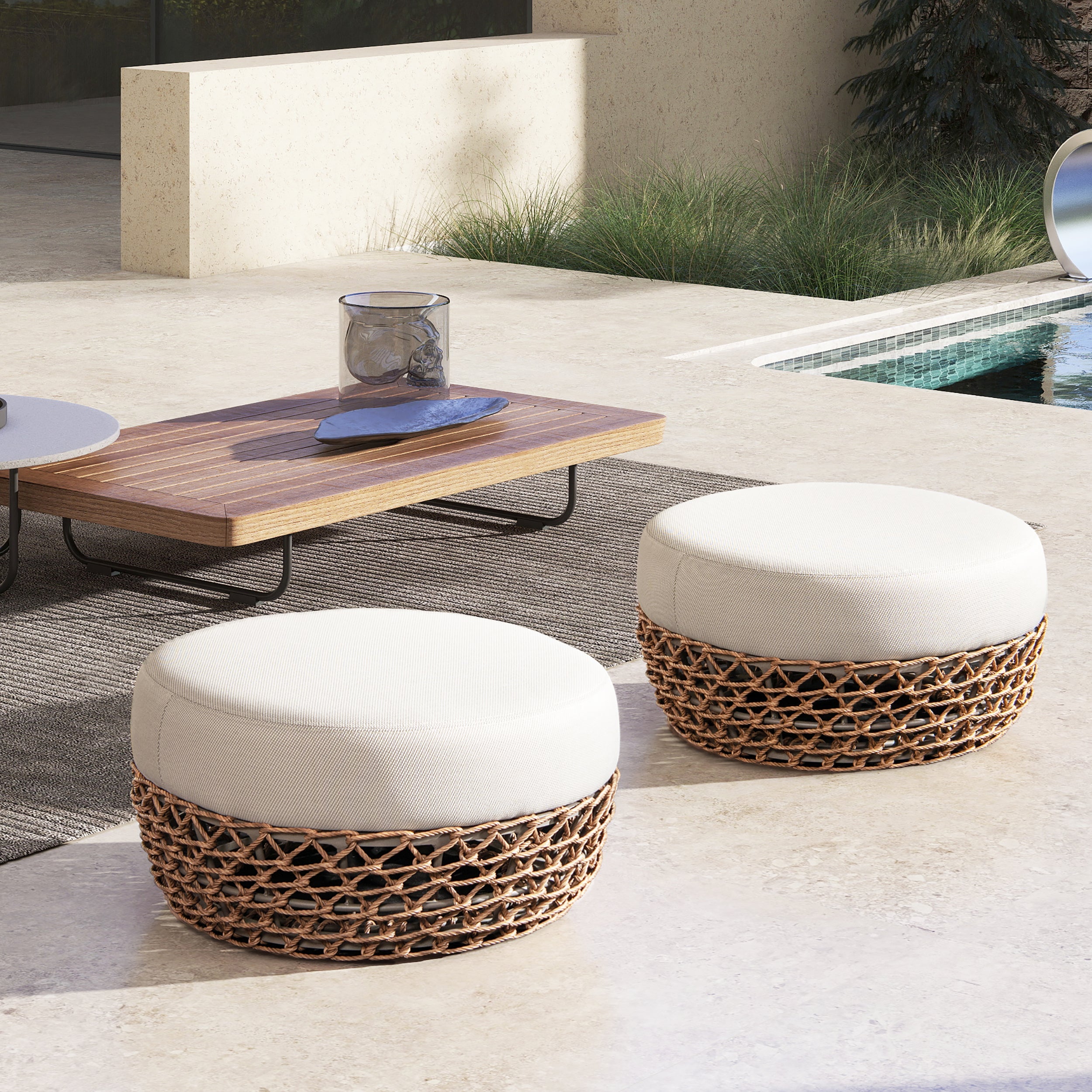 Willow Round Wicker & Upholstered Patio Ottoman