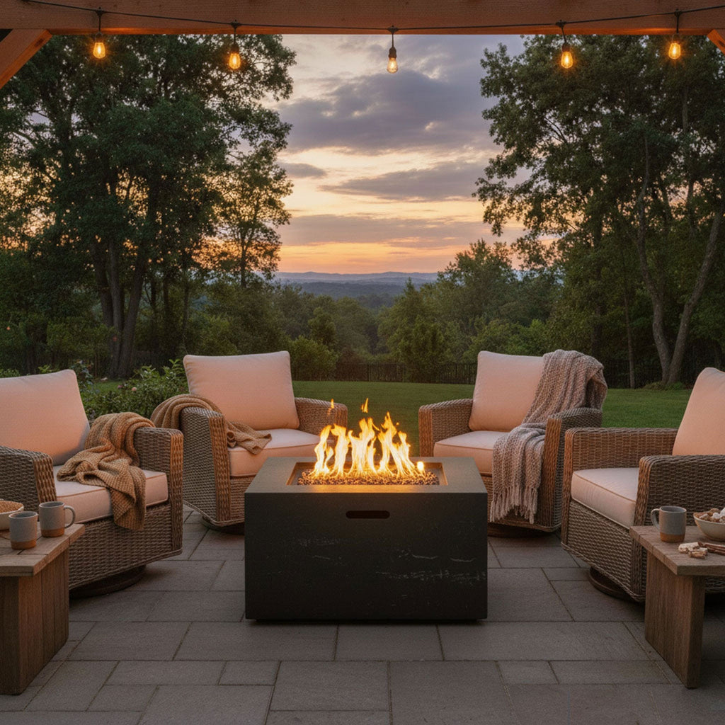 Outdoor Square Fire Pit with Steel Burner, Lava Rocks and Cover