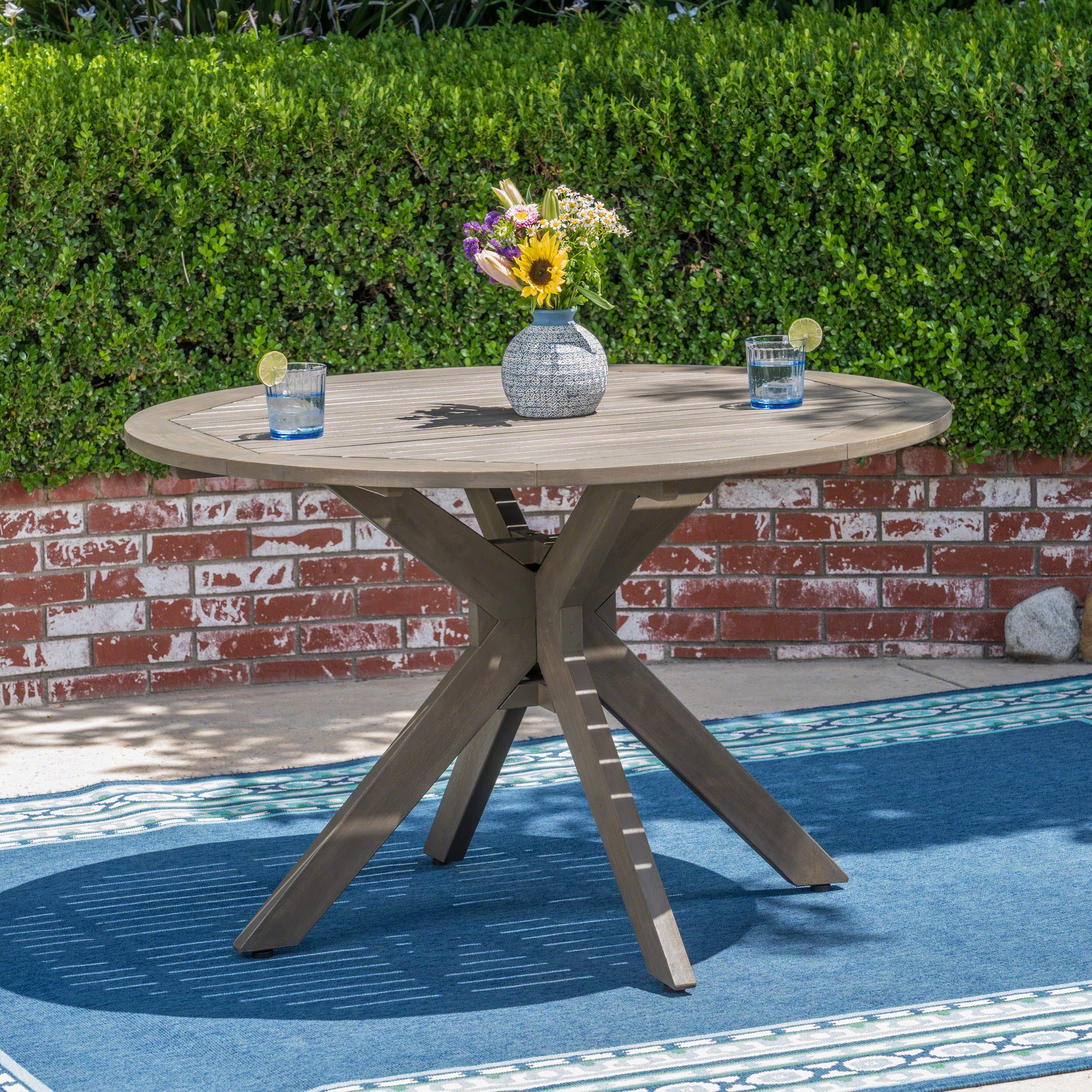 Stanford Outdoor Round Acacia Wood Dining Table with X Base