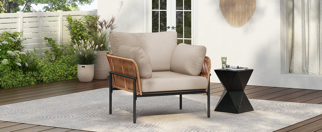 Brisa Outdoor Modern Iron Lounge Chair with Rope Weave