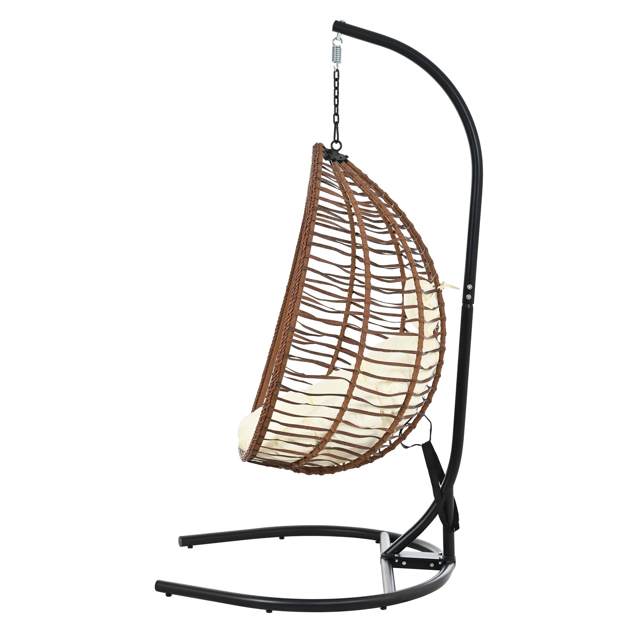 Foldable Rattan Egg Swing Chair with Iron Frame, Plush Cushion & Removable Headrest