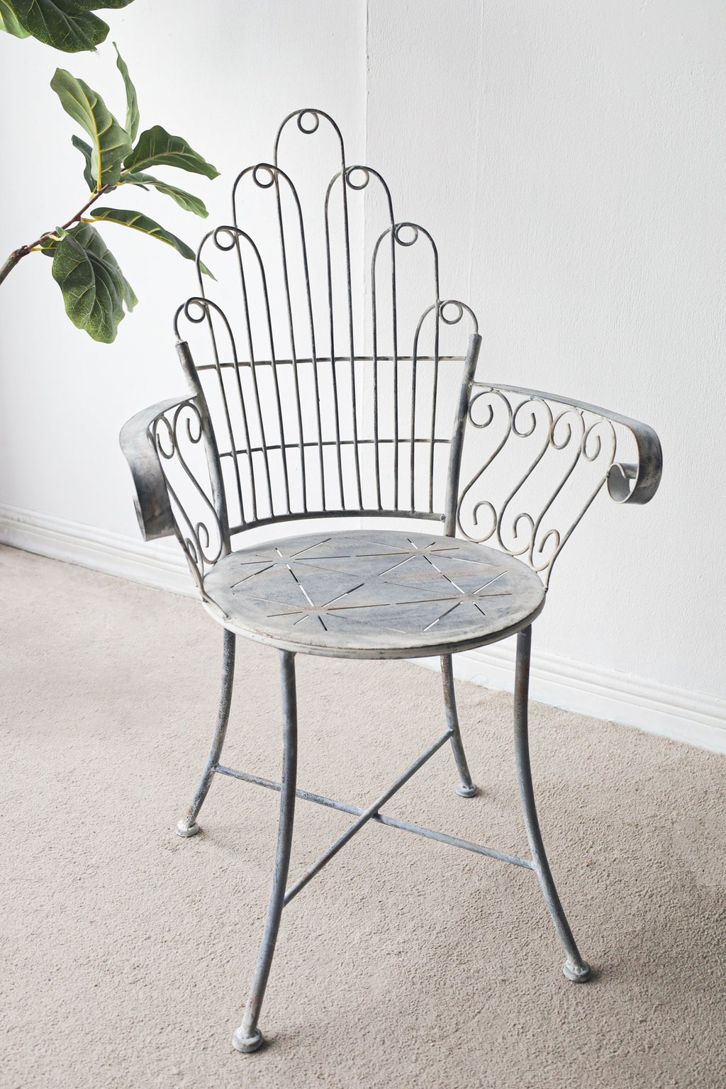 Distressed Silver Finish Iron French Country Garden Chair