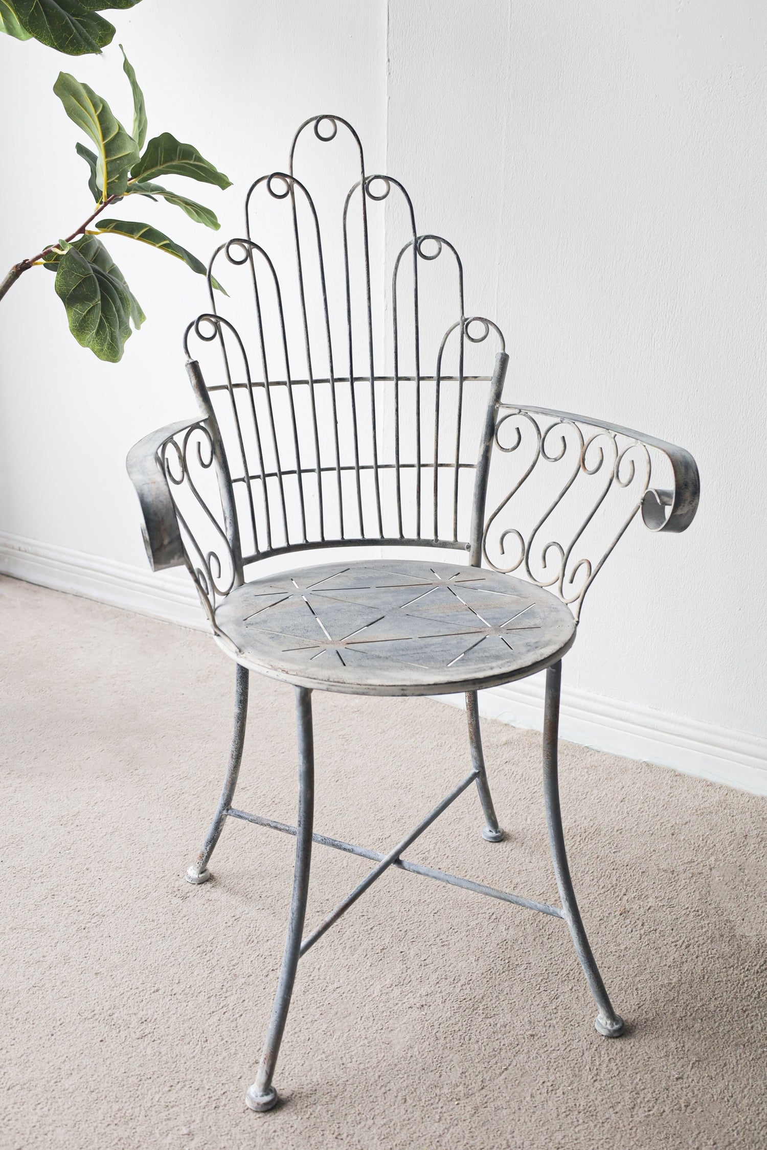 Distressed Silver Finish Iron French Country Garden Chair