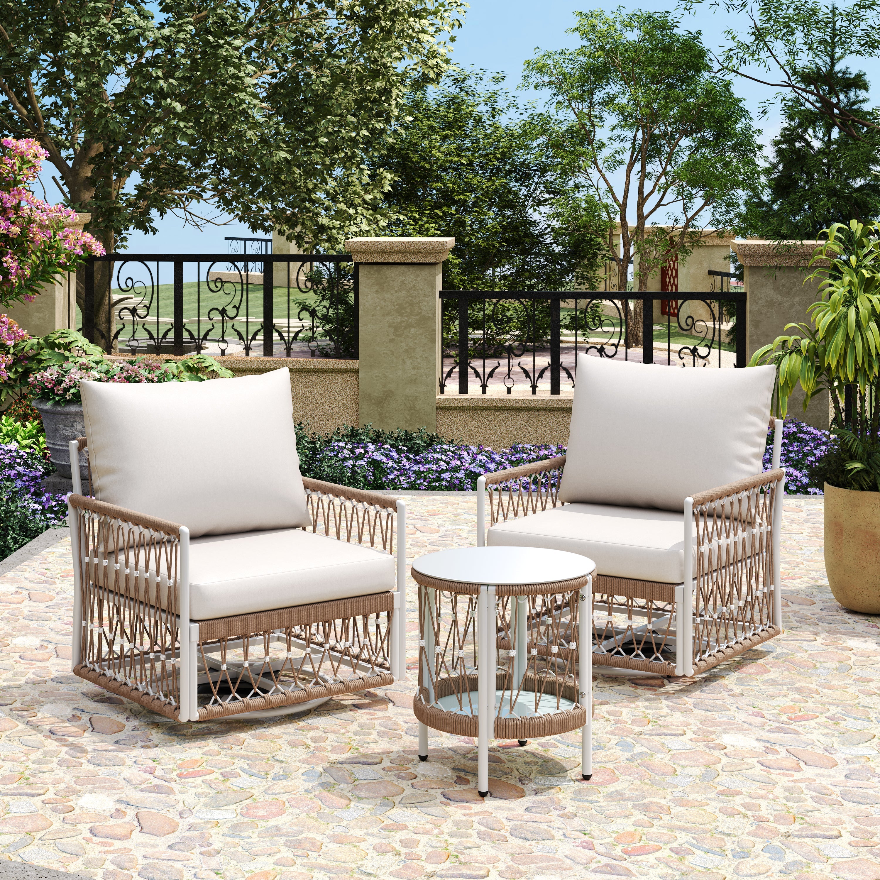 Caspian 3-Piece Outdoor Handwoven Rope Conversation Set with Swivel Chairs