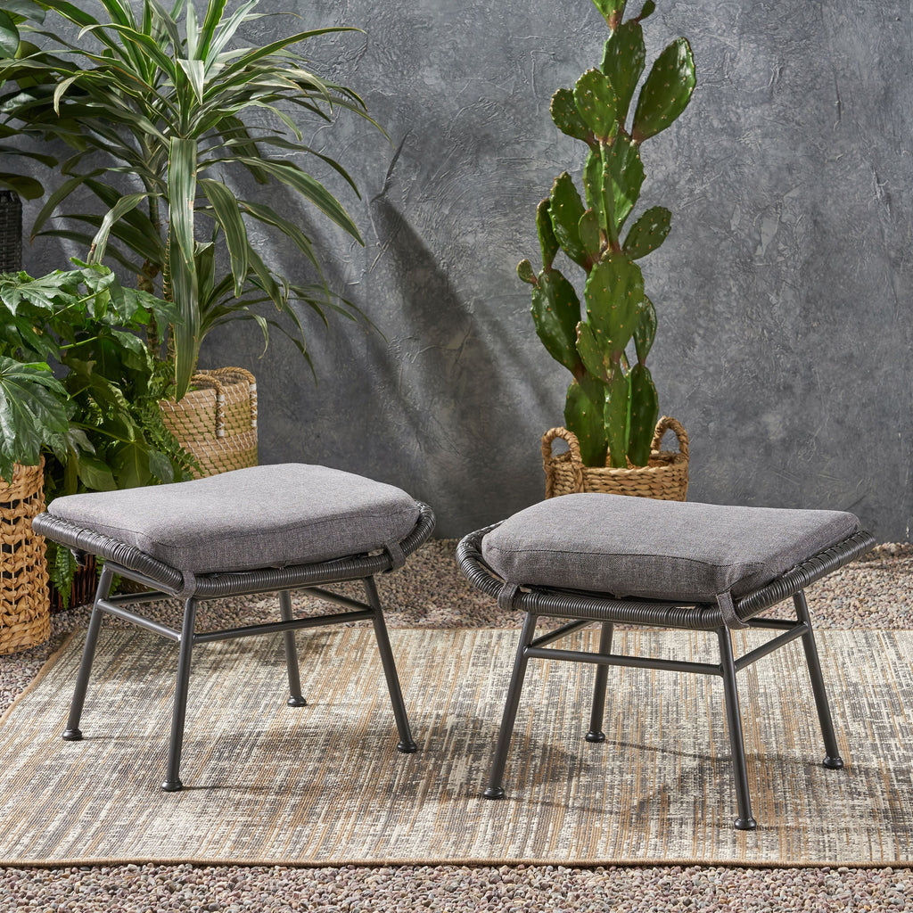 Cordella Outdoor Modern Boho Wicker Ottoman with Cushions, Set of 2