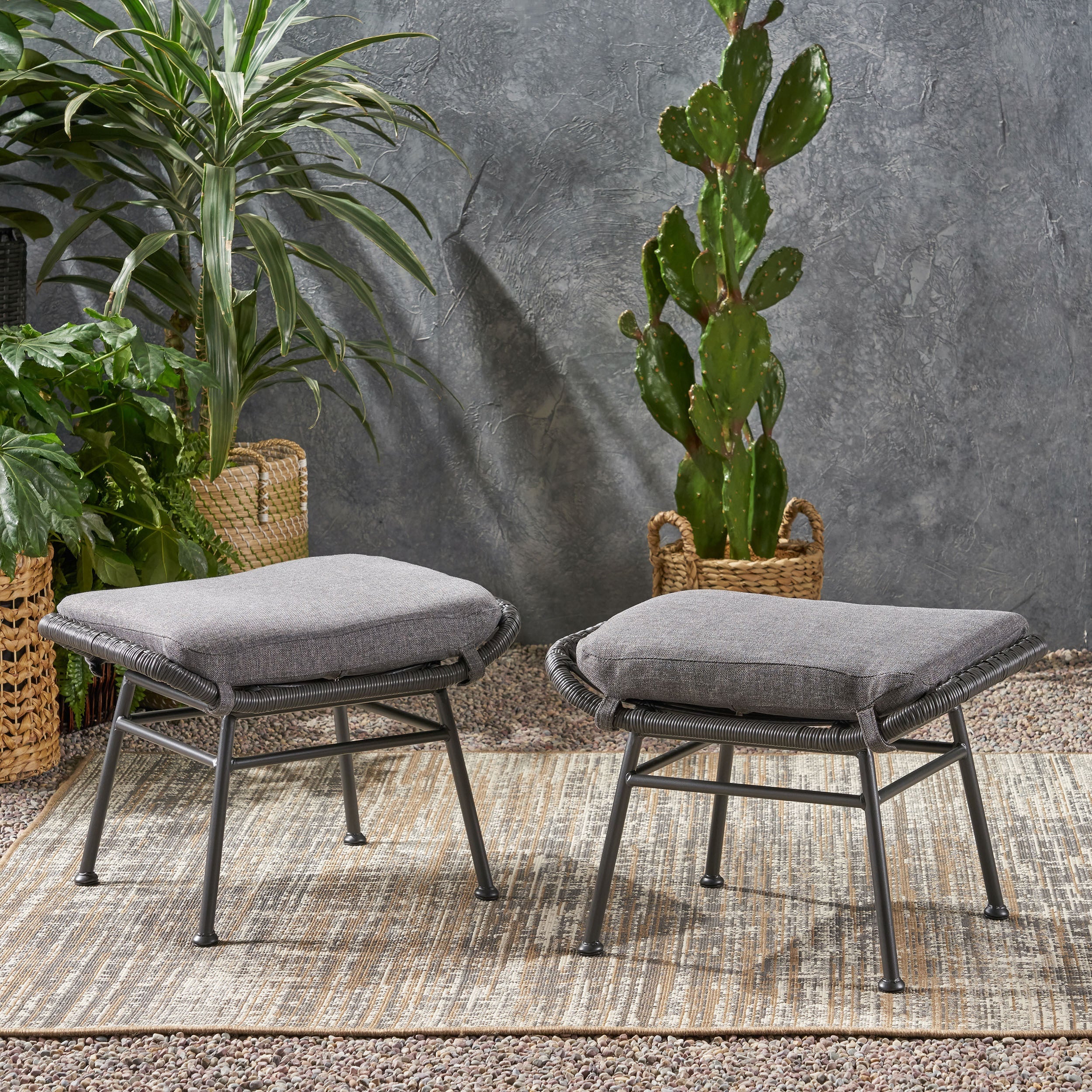 Cordella Outdoor Modern Boho Wicker Ottoman with Cushions, Set of 2