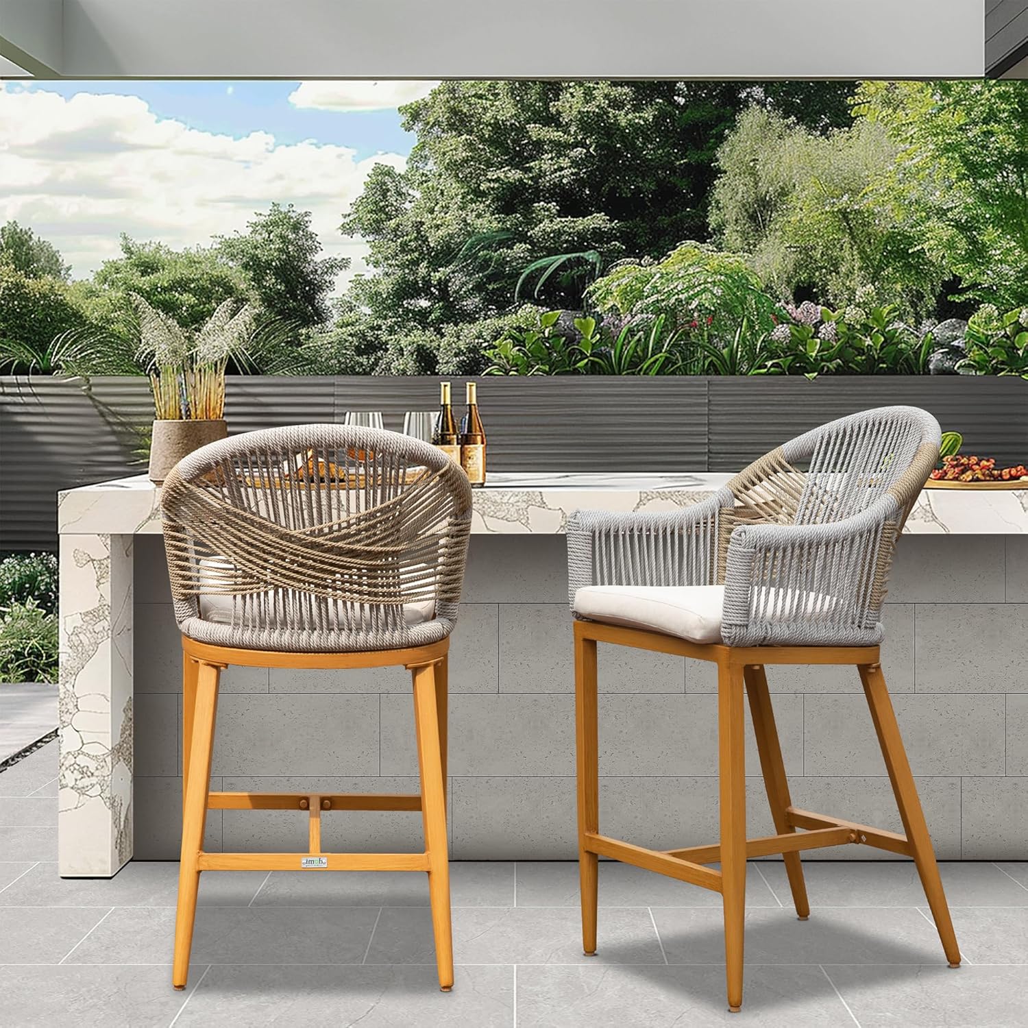 Creation Outdoor Bar Stool with Round Backrest & Adjustable Foot, Set of 2