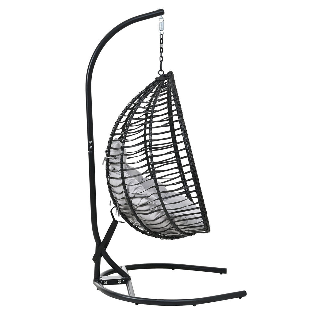 Foldable Rattan Egg Swing Chair with Iron Frame, Plush Cushion & Removable Headrest