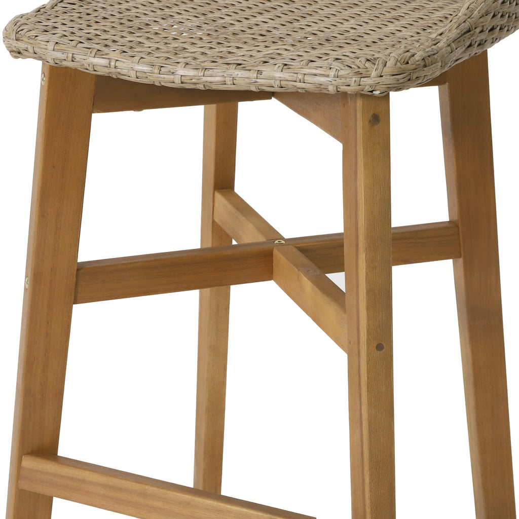 Beeson Outdoor Wicker and Acacia Wood Barstools, Set of 2