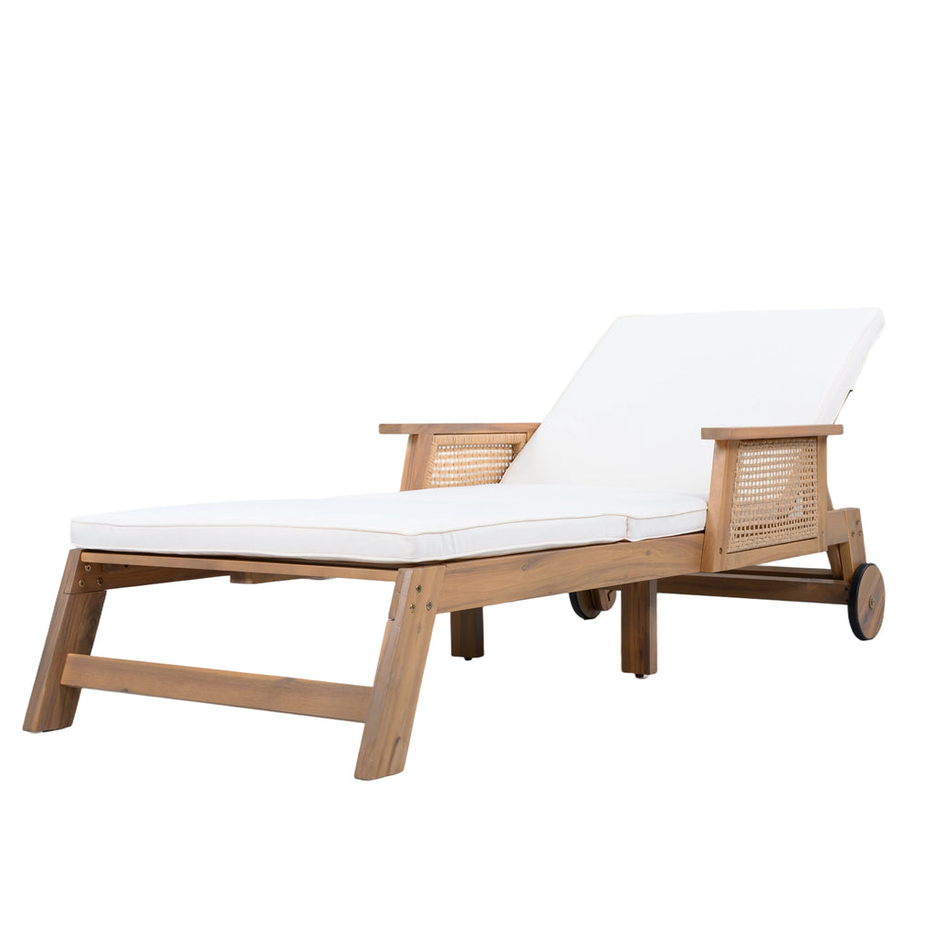 Retro Acacia Wood Outdoor Sunlounge with Wheels & 3-Position Backrest