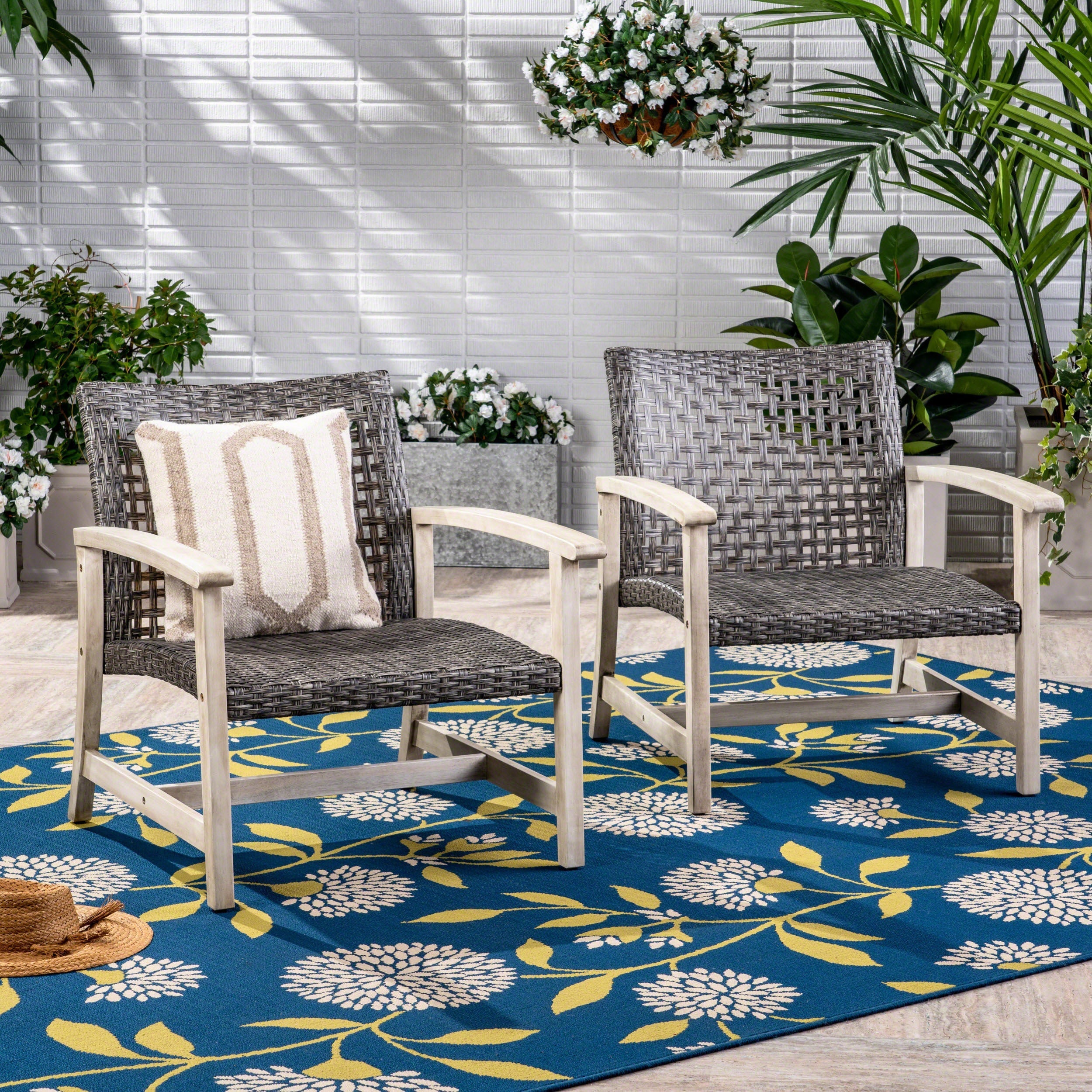Hampton Outdoor Rattan & Acacia Wood Wicker Club Chairs, Set of 2