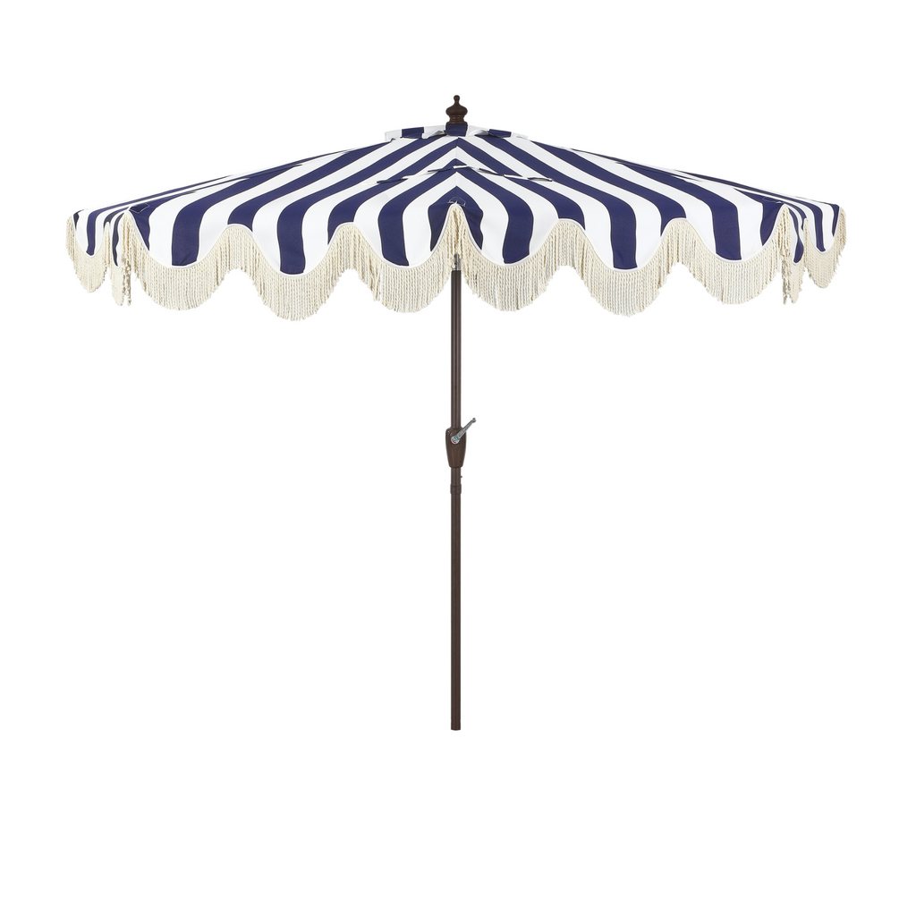Beverly Stripe Designer Classic Scalloped Fringe Half Market Patio Umbrella with Crank