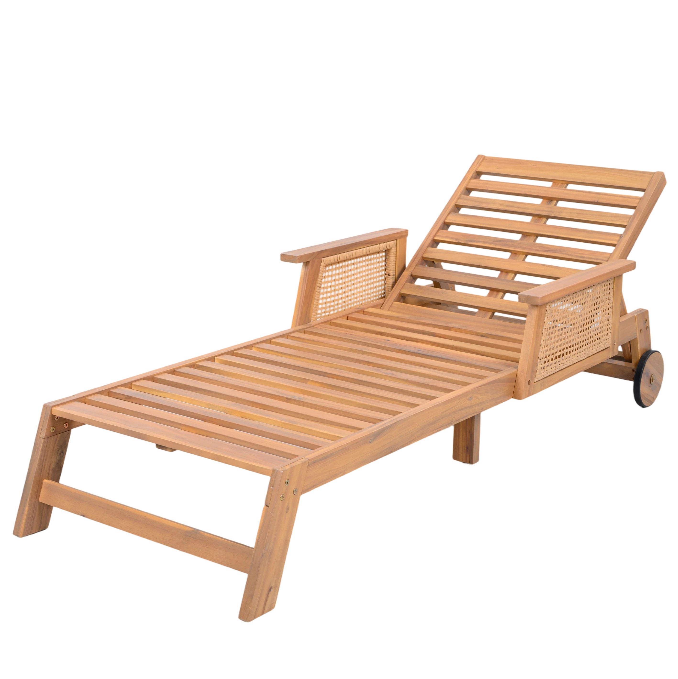 Retro Acacia Wood Outdoor Sunlounge with Wheels & 3-Position Backrest