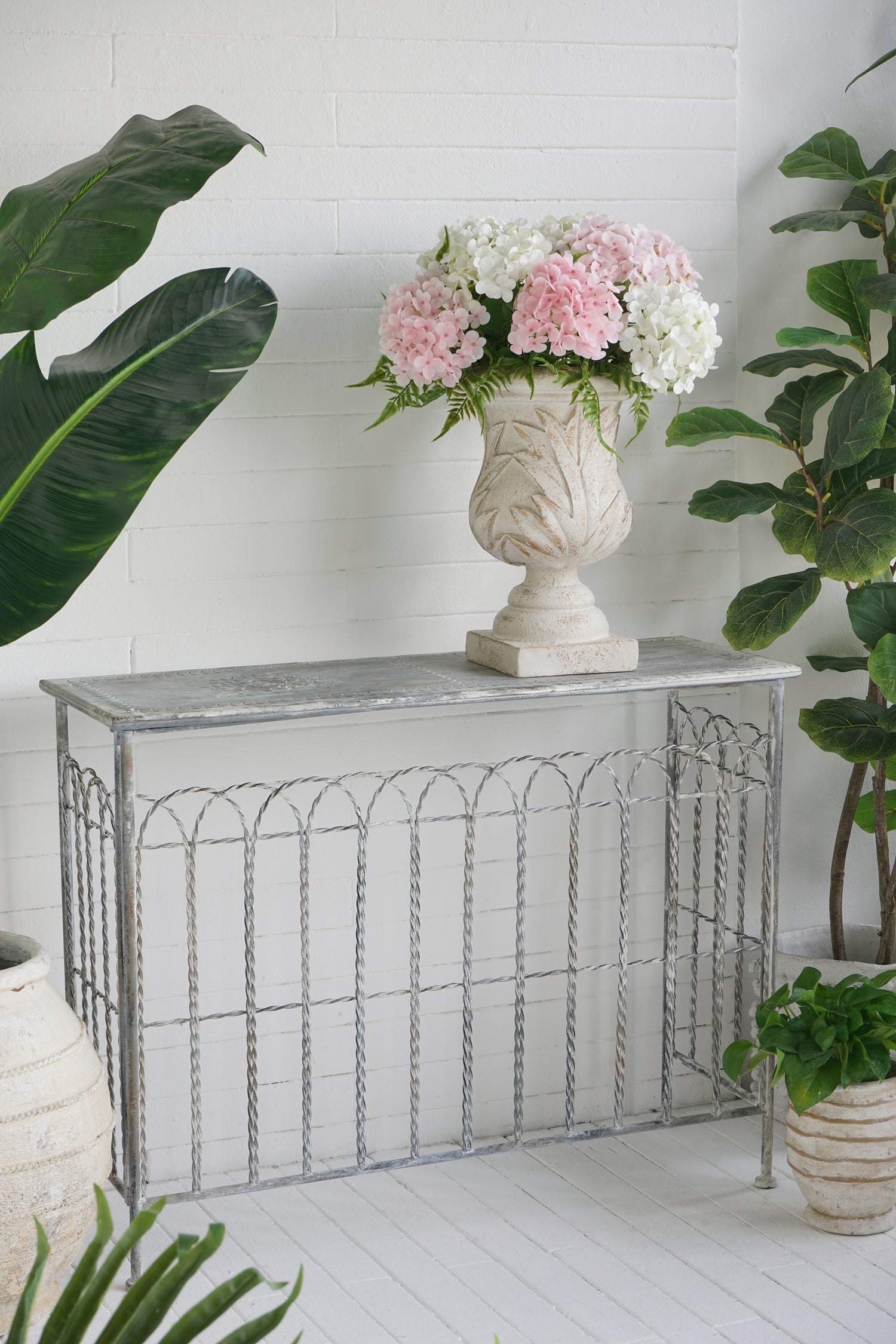 Distressed Silver Finish Iron French Country Arched Fence Console Table
