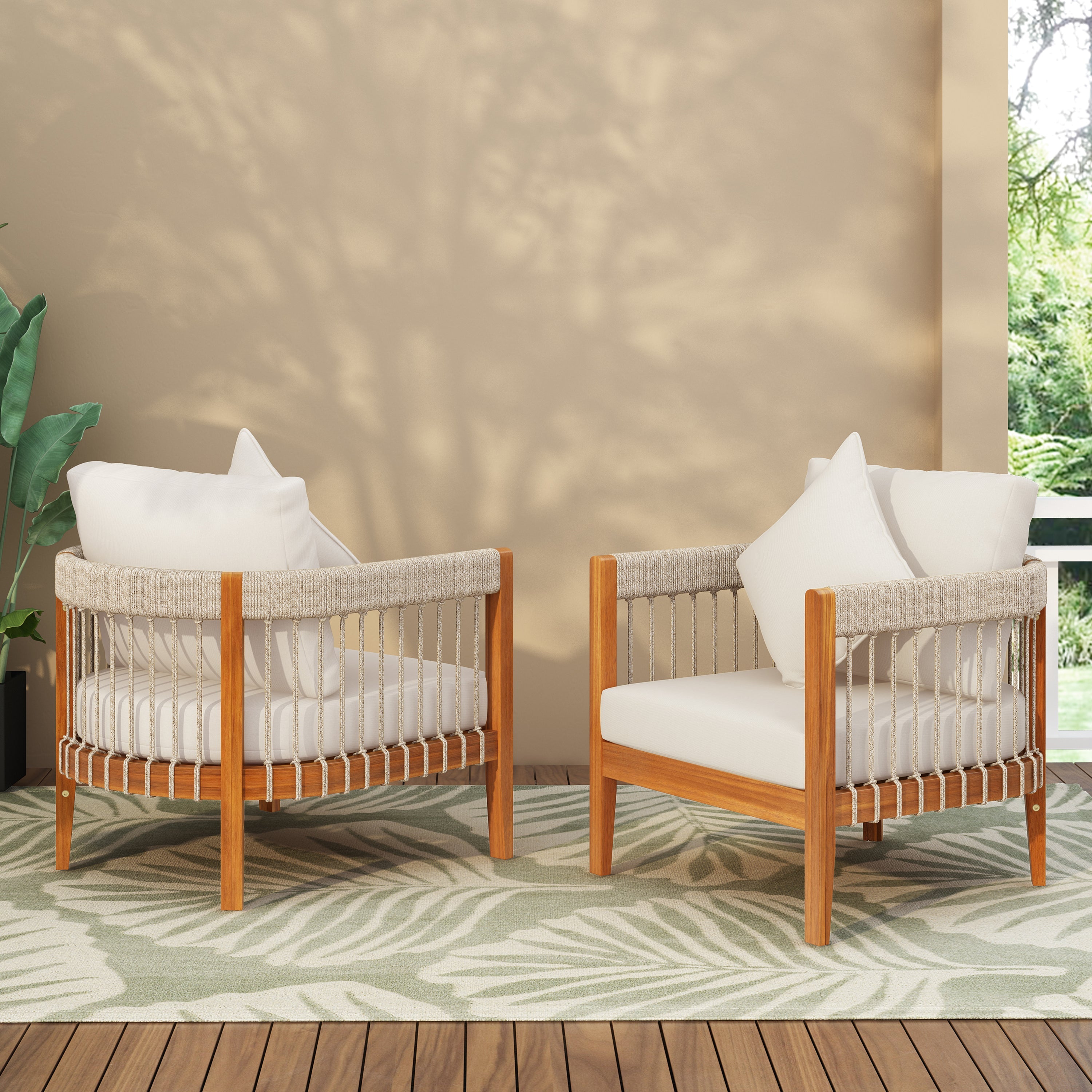 Azari Outdoor Acacia Wood Club Chair with Handwoven Rope Accents & Curved Backrest