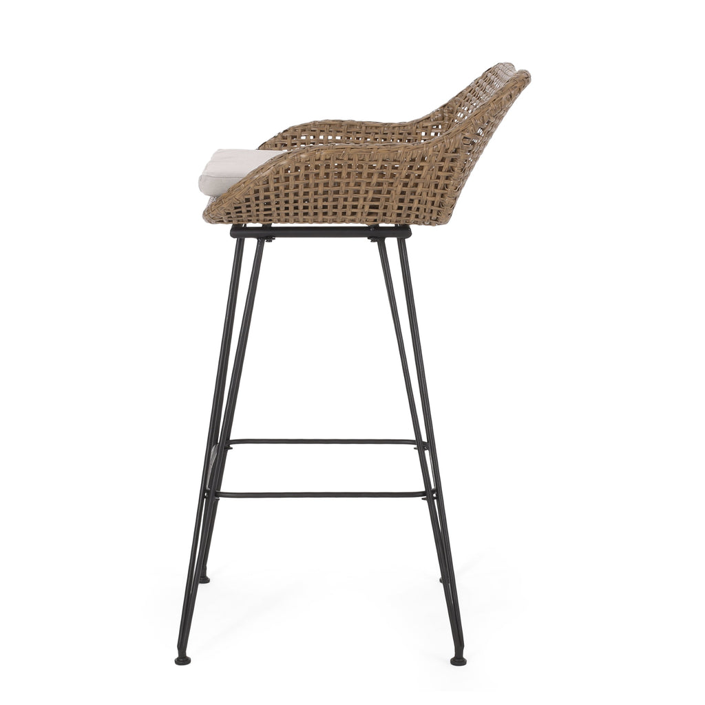 29.25" Outdoor Wicker Bar Stool with Hairpin Legs and Low Back, Set of 2