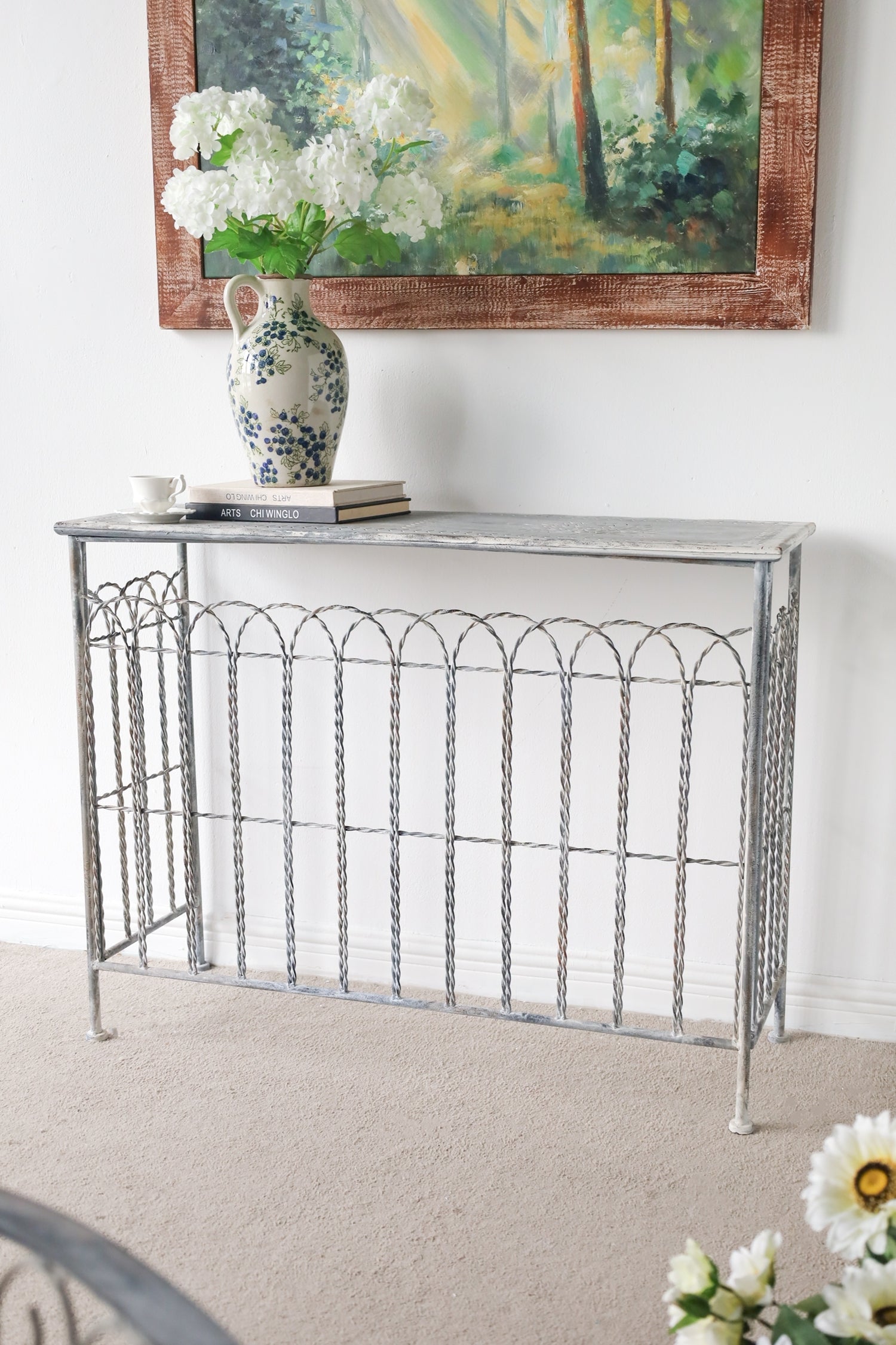 Distressed Silver Finish Iron French Country Arched Fence Console Table