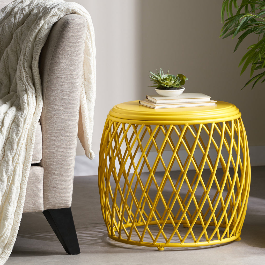 Coveted 19.75" Outdoor Cylindrical Iron Side Table with Lattice Design