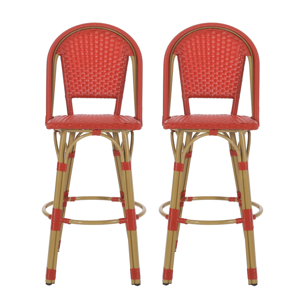 Callisto 29.5" Outdoor Rattan and Aluminum Bar Stool with Curved Back and Footrest