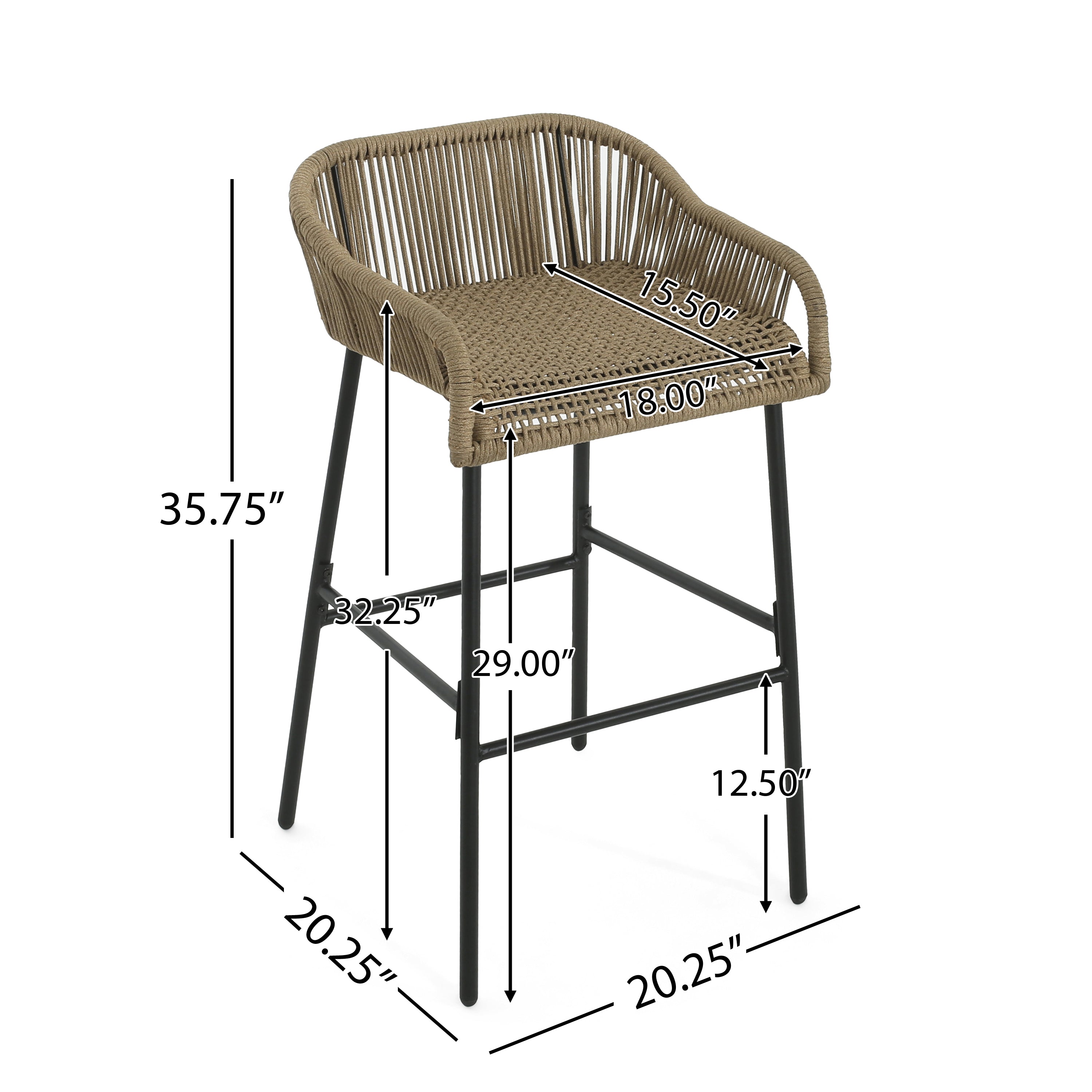 Outdoor Rope Bar Stool with Low Back and Iron Frame, Set of 2