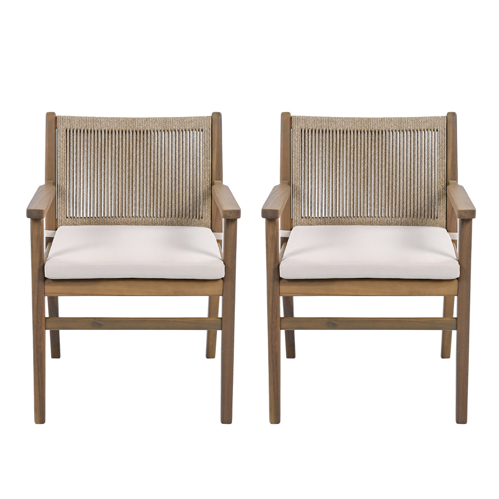 Outdoor Dining Chair with Rope Design Back and Seat Cushion, Set of 2