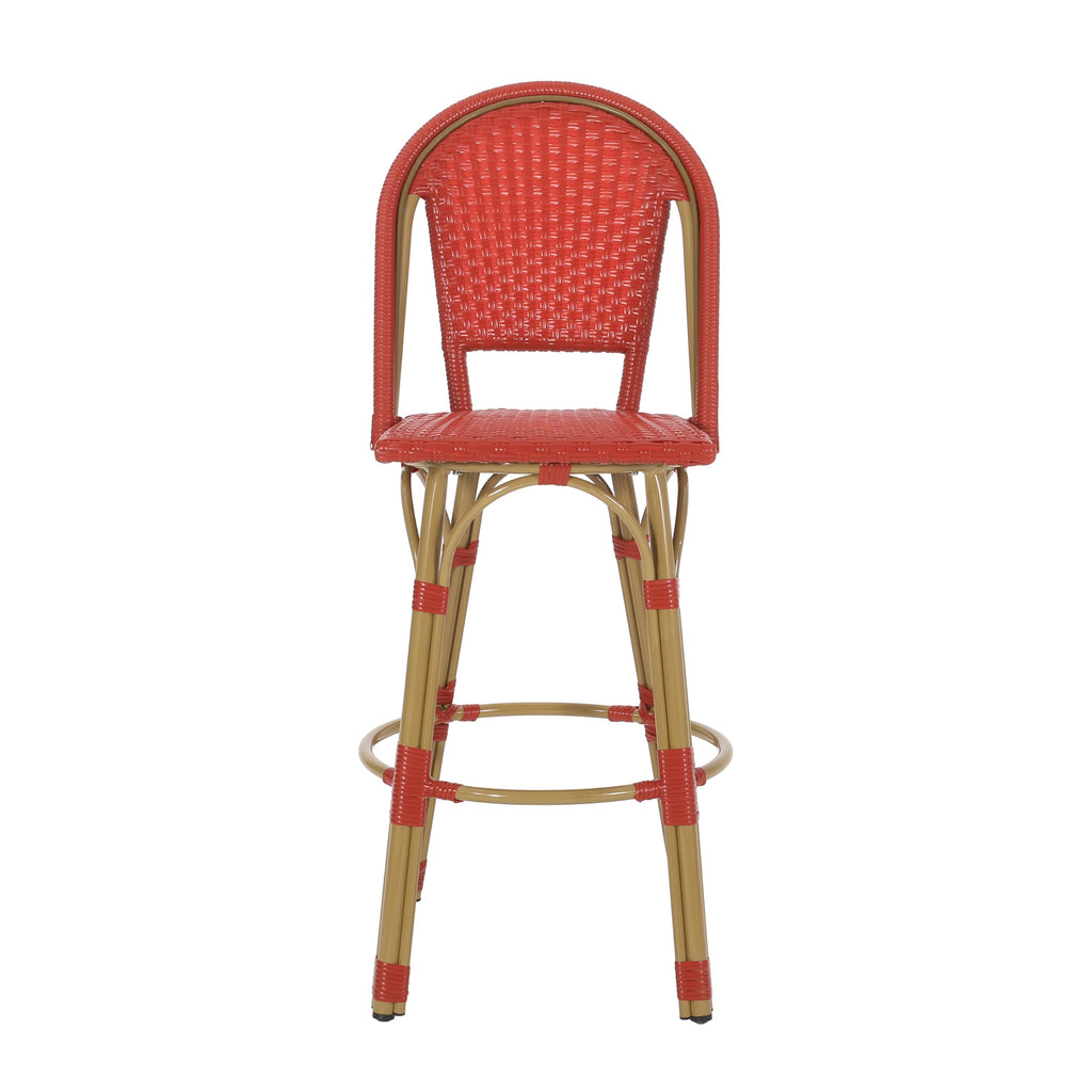 Callisto 29.5" Outdoor Rattan and Aluminum Bar Stool with Curved Back and Footrest