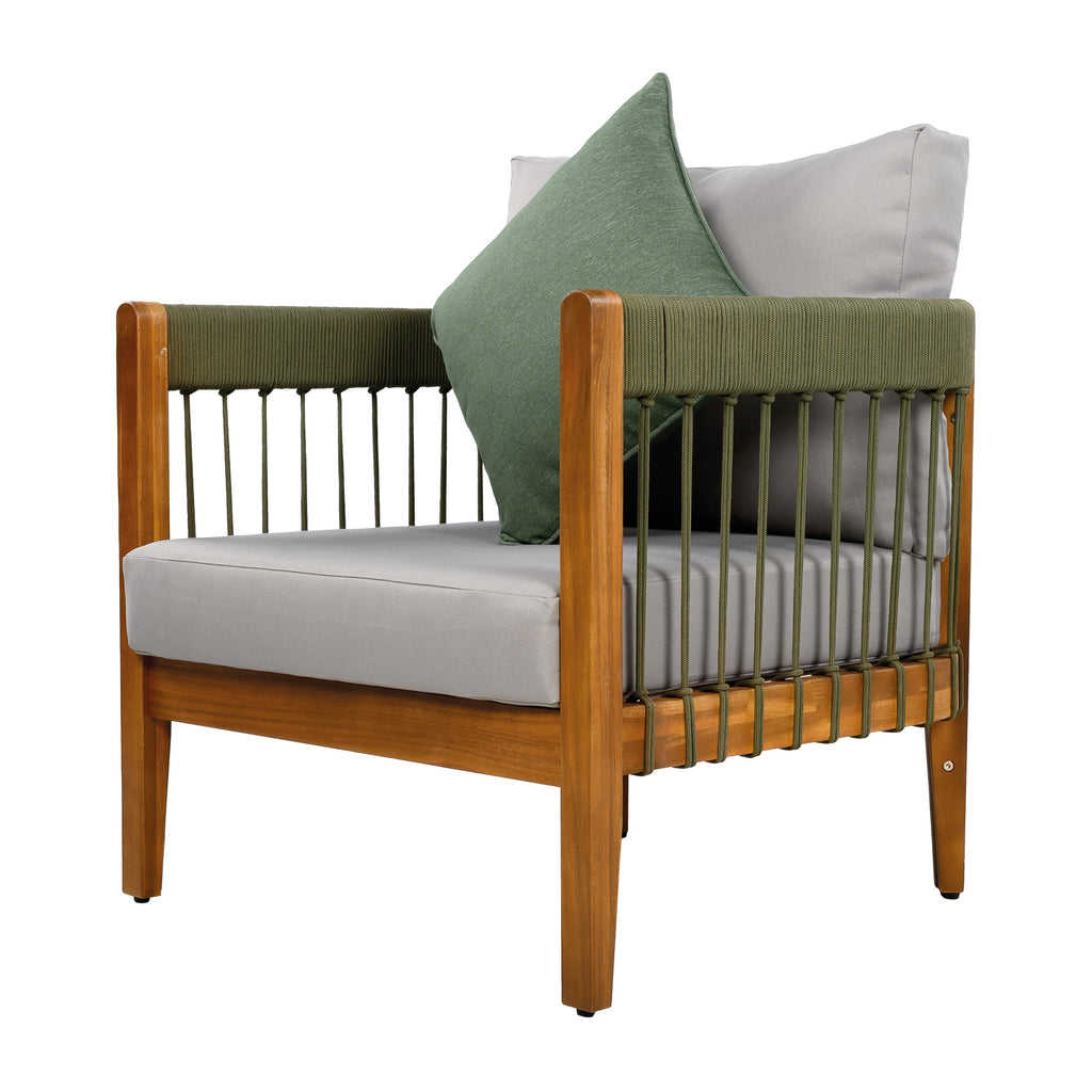 Azari Outdoor Acacia Wood Club Chair with Handwoven Rope Accents & Curved Backrest