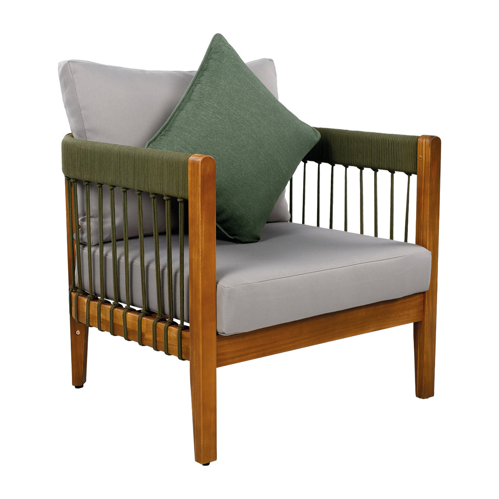 Azari Outdoor Acacia Wood Club Chair with Handwoven Rope Accents & Curved Backrest