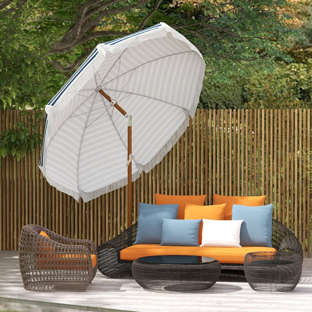 7' Nautical Stripe & Fringe Outdoor Patio Umbrella with Tilt